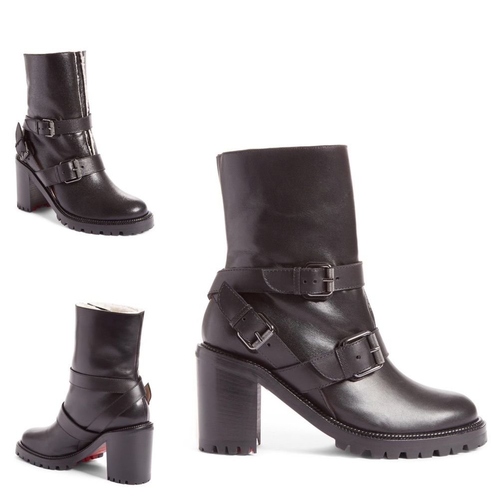 Christian Louboutin Black Leather Shearling Boots Lug Sole Rubber Sole